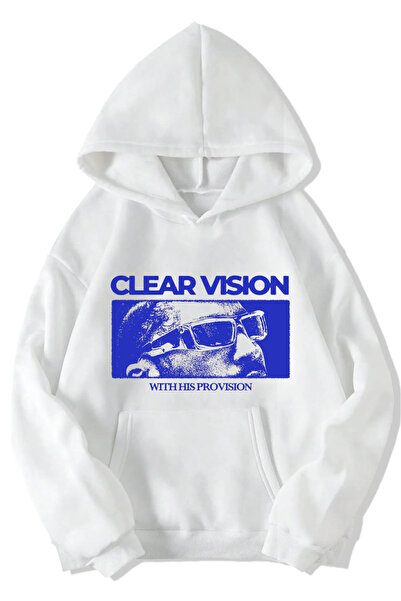 Rivox Unisex White Hooded Oversized Sweatshirt Clearvision Printed