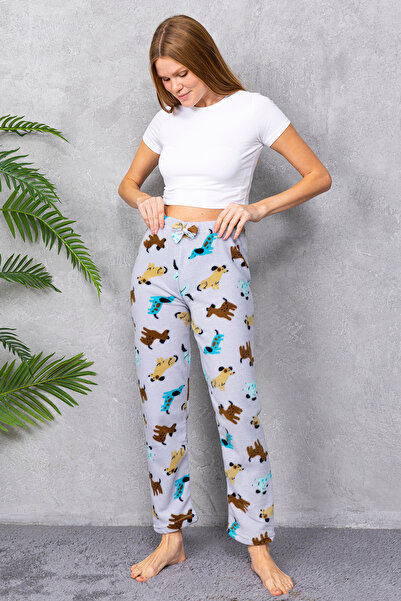 GİYSA Women's Elastic Waist Dog Patterned Fleece Pajama Bottoms Gray - 2068