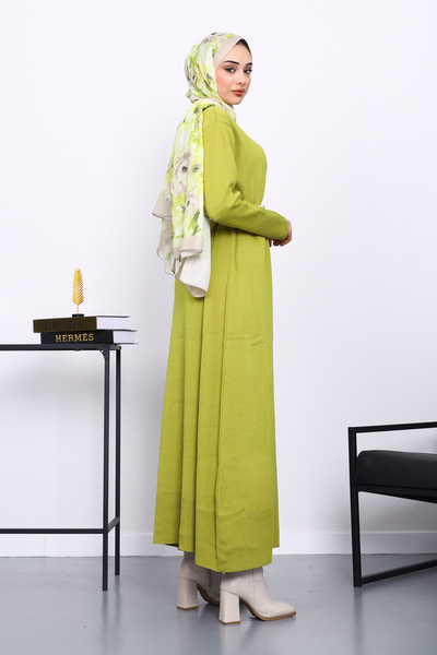 İmajButik Oil Green Crew Neck Knitwear Dress