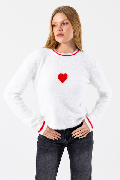 GİYSA Pulover de tricotat cu detaliu inimă pentru femei guler rotund alb - 2358