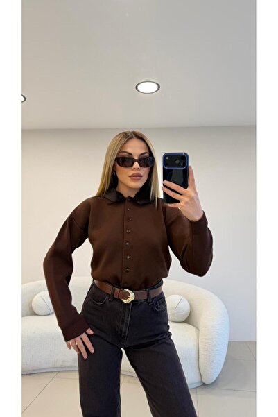 Şulenin Butiği YAKASI KÜRK DETAYLI TRİKO HIRKA KAHVE