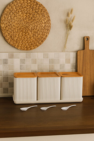 Kitchen Life 7 Piece Hard Plastic Bamboo Look Striped Spice Rack Set with Tray 750 ml -3-Piece Spice Rack Set