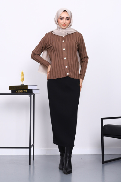 İmajButik Dark Mink Cold Yarn Buttoned Cardigan