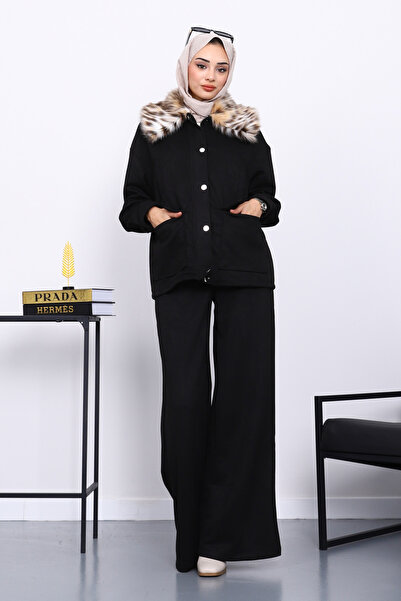 İmajButik Black Collar Fur Suede Jacket Trouser Suit