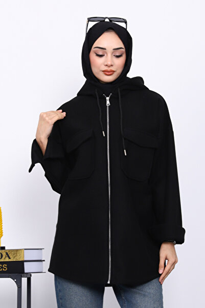 İmajButik Μαύρο μπουφάν με κουκούλα με διπλή τσέπη