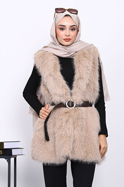 İmajButik Mink Fur Vest with Waist Belt and Double Pockets