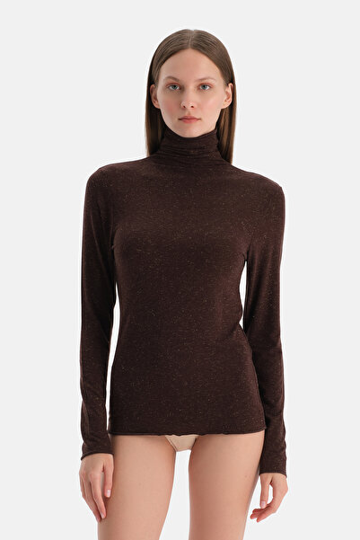 Dagi Dark Brown Lurex Modal Cashmere High Neck Long Sleeve Top