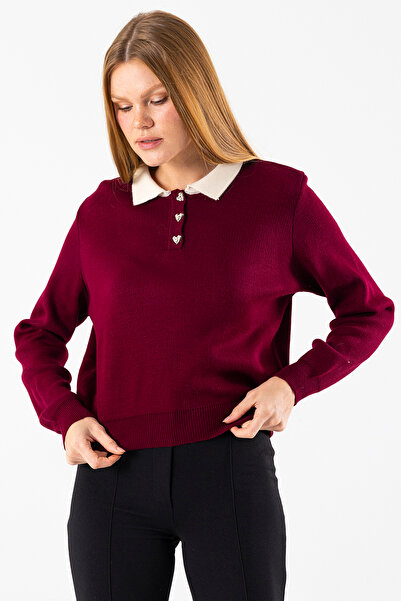 GİYSA Women's Polo Neck Button Detailed Knitwear Sweater Claret Red - 25K 2546
