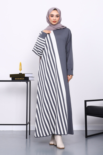 İmajButik Φόρεμα πλεκτό με ρίγες καπνιστό