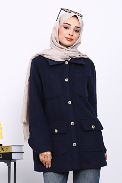 İmajButik Μπουφάν με κουμπιά και τσέπες σε μπλε ναυτικό χρώμα