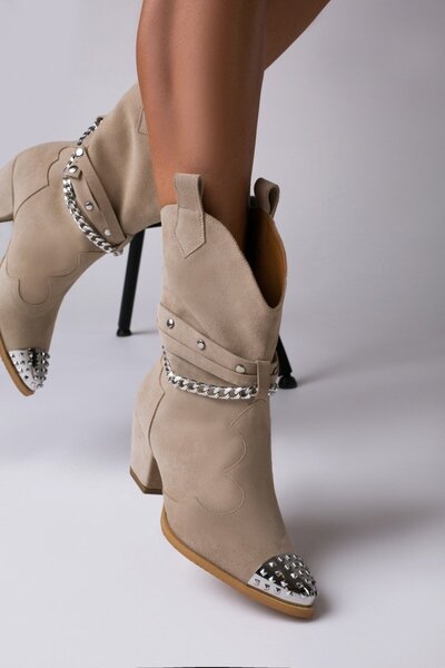 Vanilla Days Caron Suede Studded Boots - Cream, Bold Design with Comfort - 5cm Sturdy Heel