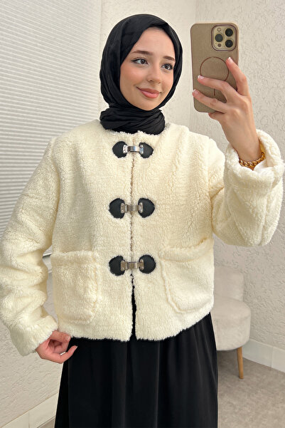 Salih Çelebi Jachetă de pluș cu detalii cu cataramă 0020 - ECRU