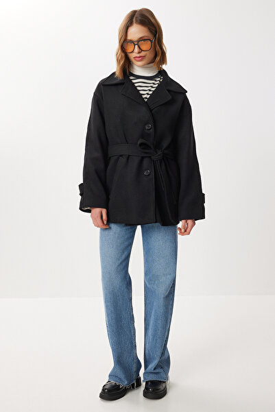 Lovelyİstanbul Double-Breasted Collar Belted Cashmere Coat Ldp0086 Black