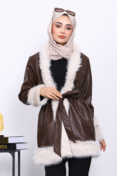 İmajButik Δερμάτινο μπουφάν με λεπτομέρεια από καφέ γούνα