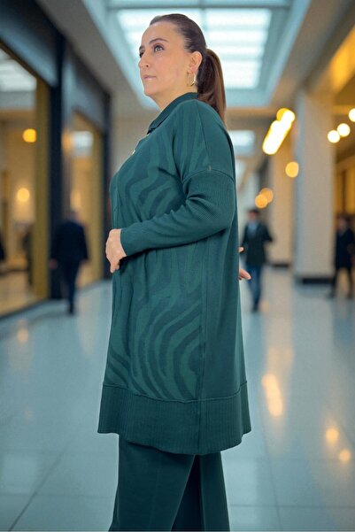 yagmurberen Gold Button Detail Polo Neck Tunic Elastic Waist Pants Plus Size Mercherized Suit