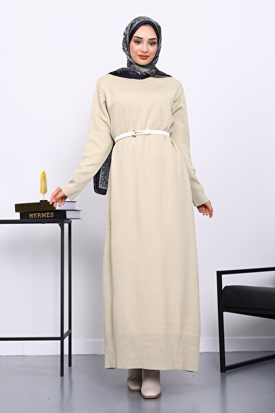 İmajButik Μπεζ πλεκτό φόρεμα με λαιμόκοψη