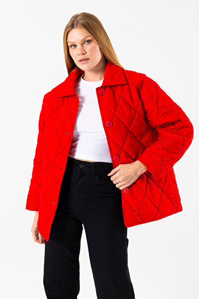 GİYSA Women's Shirt Collar Buttoned Double Pocket Quilted Coat Red - 4010