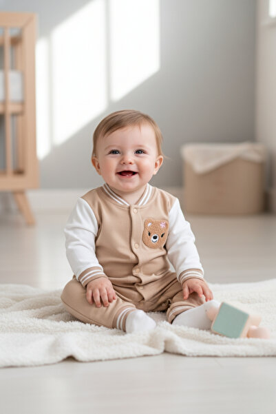 zubi baby & kids wear Beige College Style Baby Romper with White Sleeves