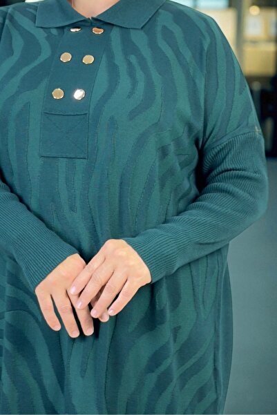 yagmurberen Gold Button Detail Polo Neck Tunic Elastic Waist Pants Plus Size Mercherized Suit