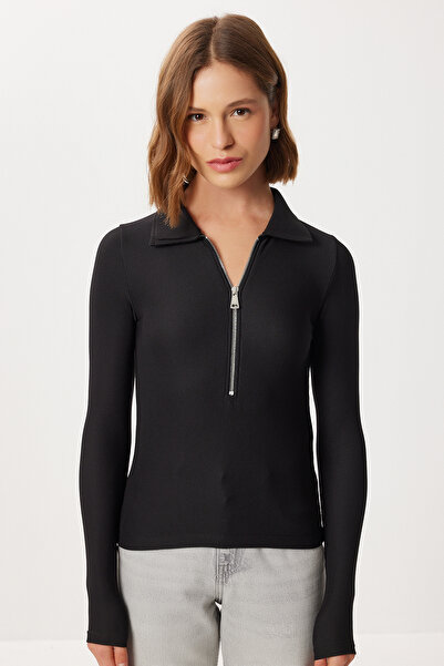Lovelyİstanbul Polo Neck Zippered Corded Fabric Knitted Blouse Lby0019 Black