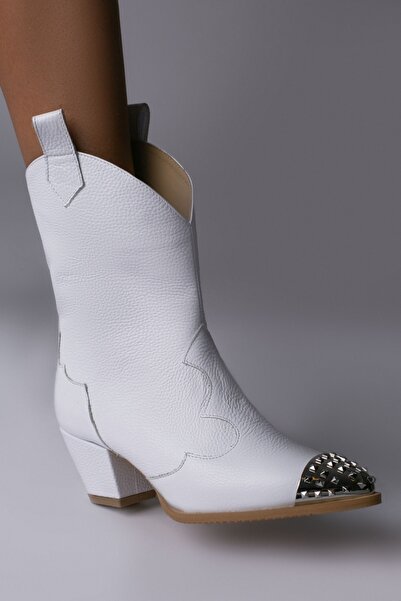 Vanilla Days White Bison Leather Ankle Boots with Silver Accents - 5cm Block Heel