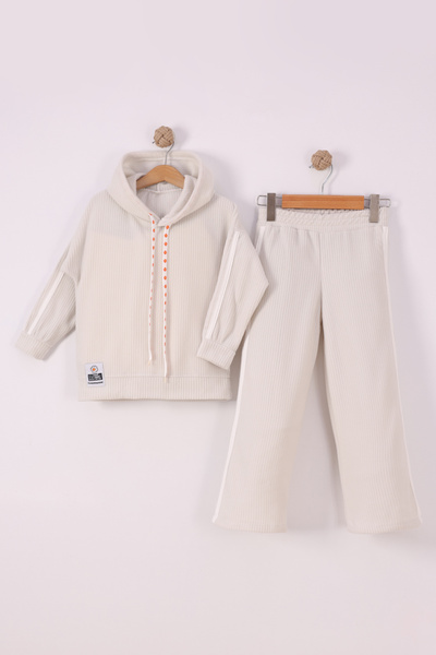 monox Girl's Flower Printed Drawstring Stripe Pants F Corded Fabric Fleece Suit