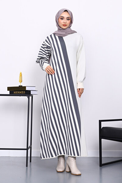 İmajButik Φόρεμα πλεκτό με ρίγες εκρού