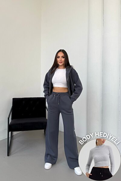 Mezka Γυναικείο Σετ Φόρμας με Διπλό Φερμουάρ Λεπτομερές Χειμερινό με κουκούλα επένδυση fleece oversized