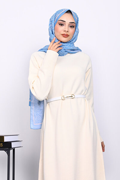 İmajButik Κρεμ πλεκτό φόρεμα με λαιμόκοψη