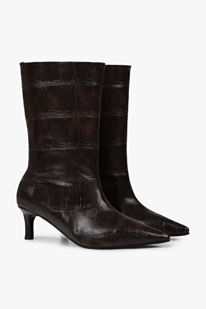 Shoeberry Women's Velina Brown Crocodile Short Heeled Boots