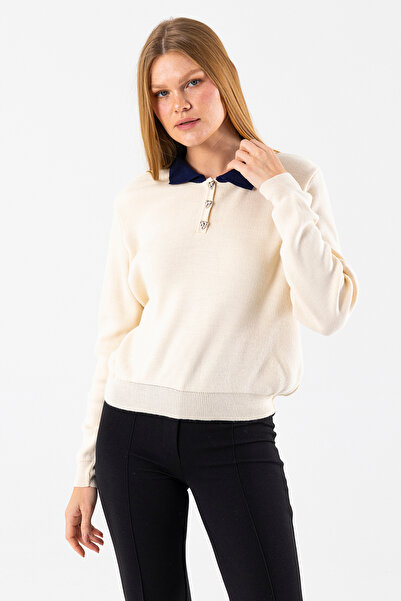 GİYSA Women's Polo Neck Button Detailed Knitwear Sweater Stone - 25K 2546