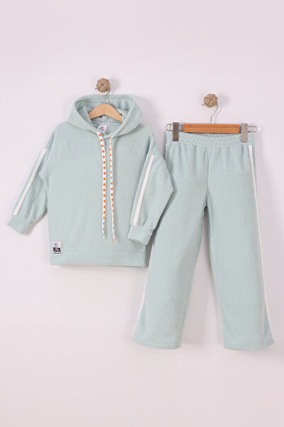 monox Girl's Flower Printed Drawstring Stripe Pants F Corded Fabric Fleece Suit