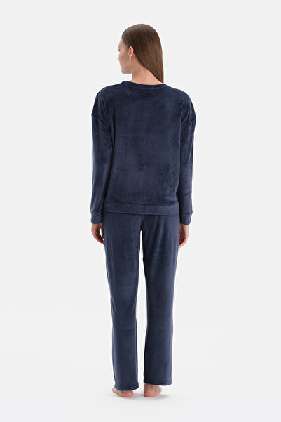 Dagi Navy Blue Long Sleeve Velvet T-Shirt Pants Pajama Set