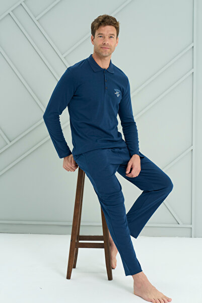 REMSA Ανδρικό σετ πιτζάμες με μακρυμάνικο χτενισμένο βαμβάκι 2206 ανοιχτό μπλε ναυτικό