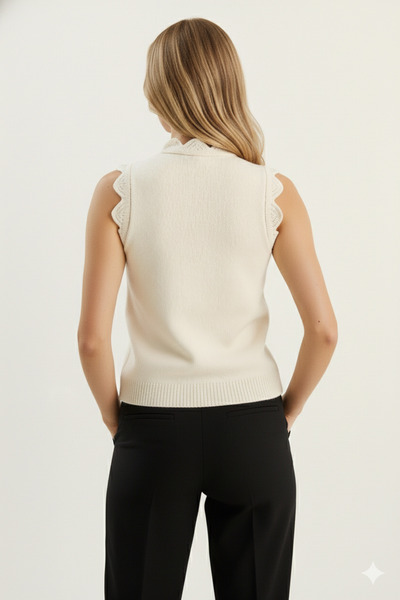 Sibel Günay Butik Women's Lace Knit Buttoned Knitwear Vest |   Cream – Elegant & Stylish Design – Standard Size