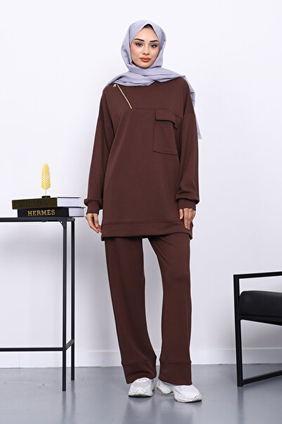 İmajButik Brown Single Pocket Tunic with Trousers Modal Suit