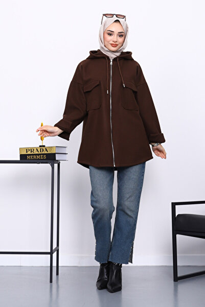 İmajButik Καφέ μπουφάν με κουκούλα με διπλή τσέπη