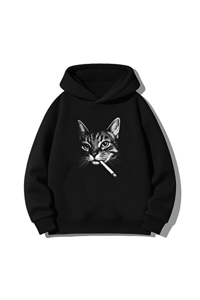 MODA هوديي سويت شيرت بغطاء رأس بغطاء للرأس أسود اللون للبالغين من كات كات مطبوع