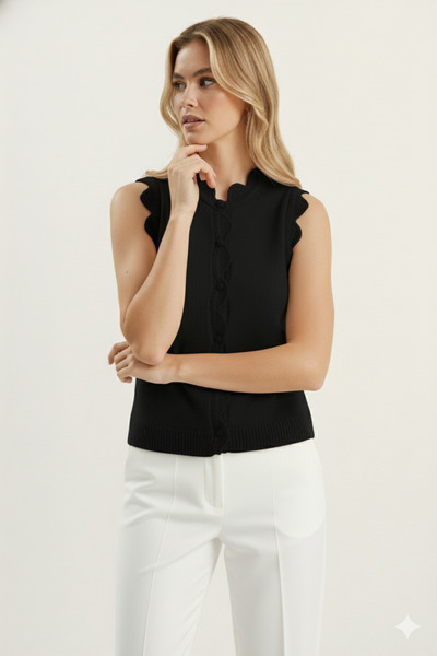 Sibel Günay Butik Women's Lace Knit Buttoned Knitwear Vest |   Black – Elegant & Stylish Design – Standard Size