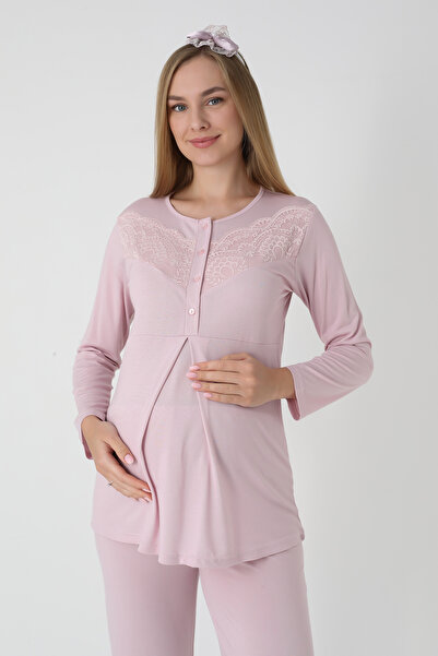ERDENİZ TEKSTİL Maternity Clothing 3-Piece Pajama and Robe Set - Checkered Jacquard Robe Maternity Buttoned Cotton Pajamas