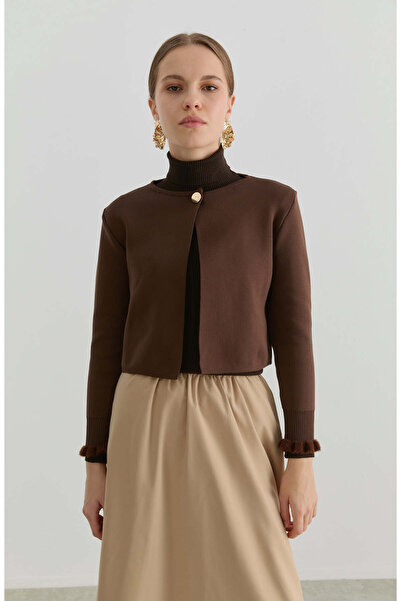 Fatma Atasoy Gold Düğmeli Kahverengi Kısa Triko Ceket Hırka