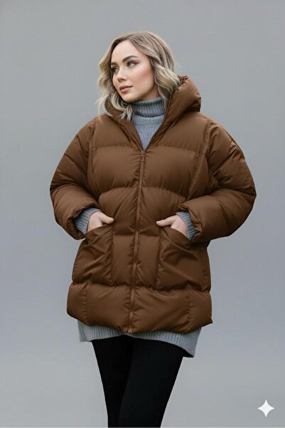 Afri Women's Brown Hooded Puffer Coat – Oversized Winter Thick Coat – Cold-Proof Puffer Coat