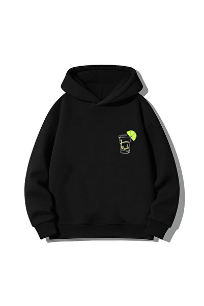 MODA تيكيلة مطبوع سويت شيرت بقلنسوة أسود للبالغين بغطاء رأس