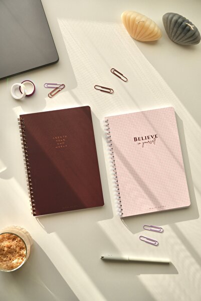 Mirya Notes A5 Spiralli Okul Defteri Kareli 2’li Set 80 Yaprak Pötikare-Bordo