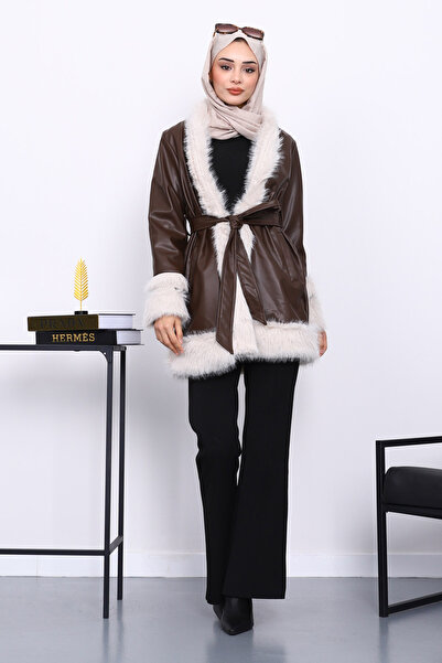 İmajButik Δερμάτινο μπουφάν με λεπτομέρεια από καφέ γούνα