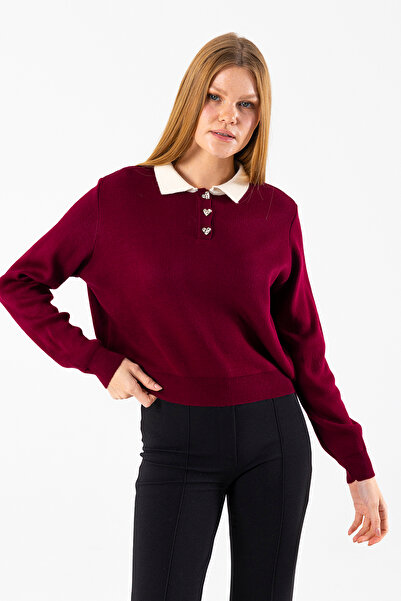 GİYSA Women's Polo Neck Button Detailed Knitwear Sweater Claret Red - 25K 2546