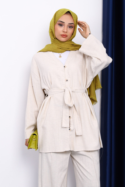 İmajButik Stone Waist Belted Linen Kimono Pants Set