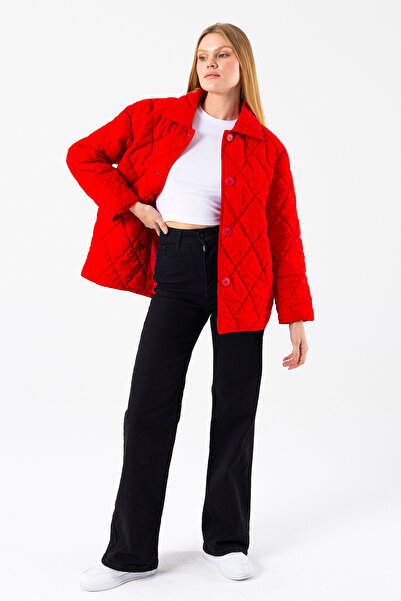GİYSA Women's Shirt Collar Buttoned Double Pocket Quilted Coat Red - 4010