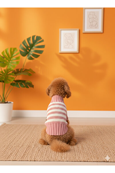 faramiss fashion SELANİK ÖRGÜ PEMBE-BEYAZ ÇİZGİLİ RENK KEDİ KAZAK KÖPEK KAZAK-KIYAFET FARAMİSSPET KÜÇÜK IRK