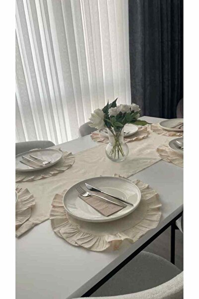 LUMIA ÇEYİZ Fırfırlı Runner Supla Masa Takımı 7 Parça